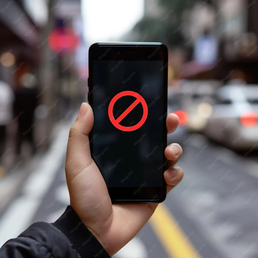 Un teléfono móvil con un símbolo rojo de prohibición en su pantalla.